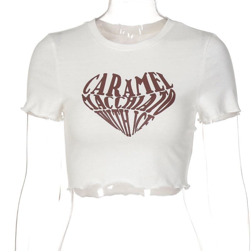 Contrast letter print ruffle crewneck crop top
