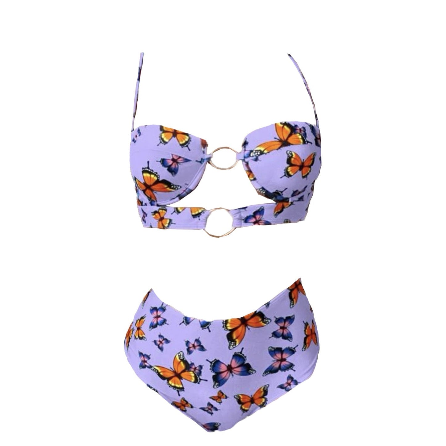 Costume da bagno bikini imbottito con canotta traforata e motivo a farfalla