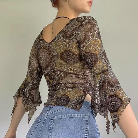 “Rachel” 2000s Wide Sleeve Fitted Mesh Top