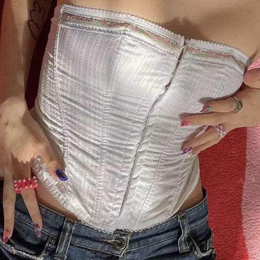 “Rose” Y2K White Strapless Corset Top