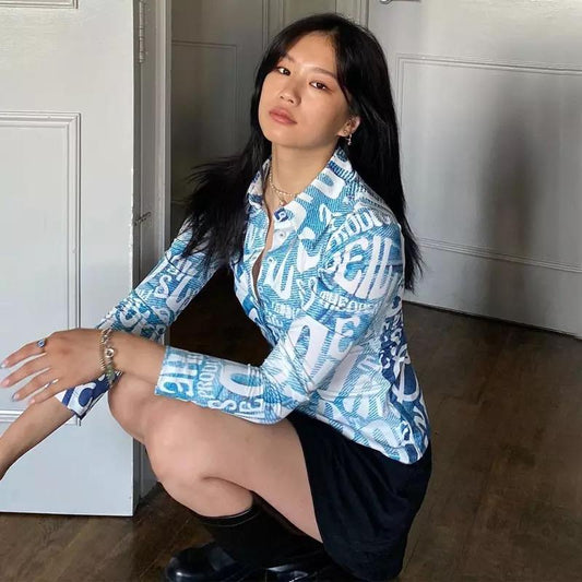 “Y2K All Over” Letters & Denim Print Fitted Button Up