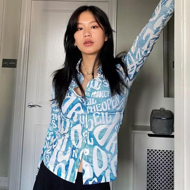 “Y2K All Over” Letters & Denim Print Fitted Button Up