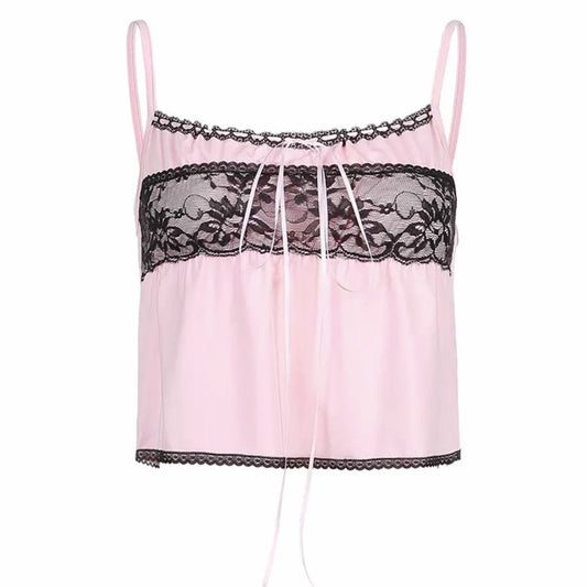 Y2K Babydoll Cami In Pink With Lace Insert