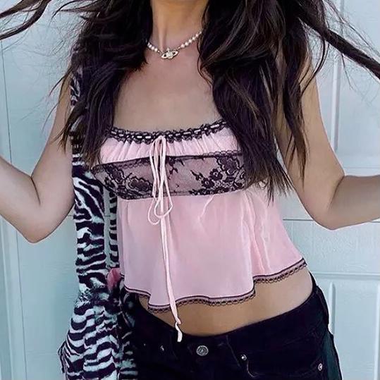 Y2K Babydoll-Camisole in Pink mit Spitzeneinsatz
