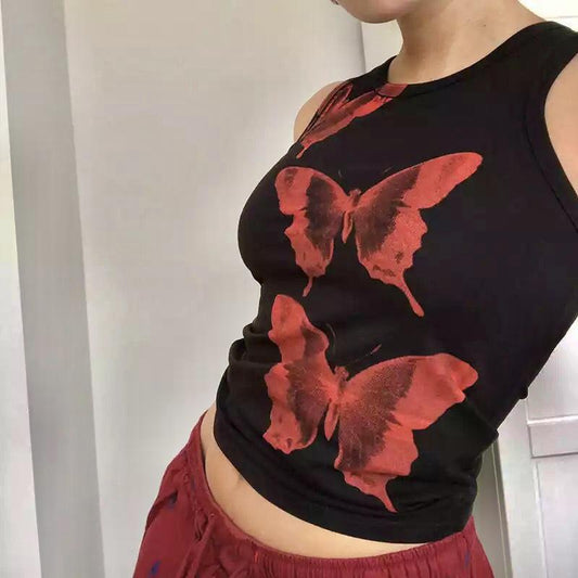 Y2K Butterflies Fitted Cami Tank In Black