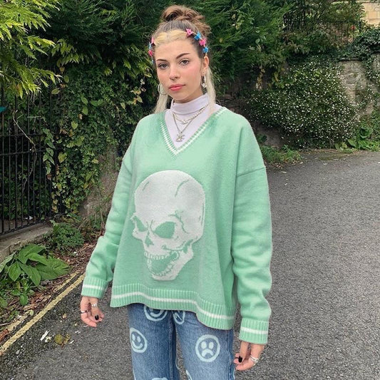 Y2K Skull Knit V Neck Sweater - Green