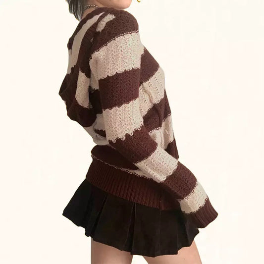 Y2K Grunge Knit Sweater In Brown & Beige Stripes