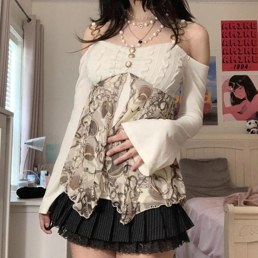 “Groovy Baby” Y2K Off Shoulder Long Sleeve Top With Mesh Overlay