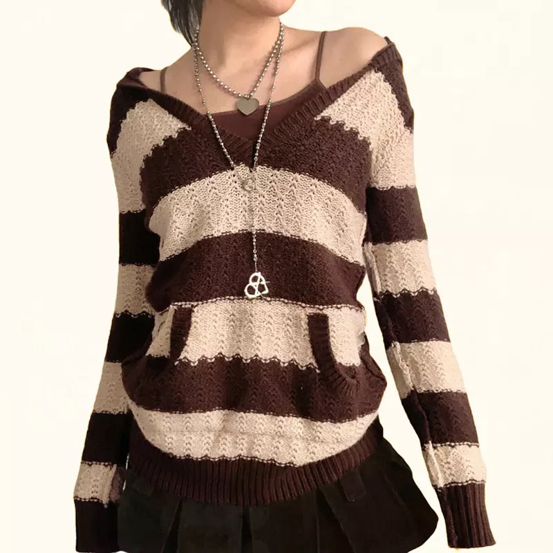 Y2K Grunge Knit Sweater In Brown & Beige Stripes