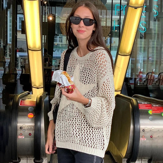 Y2K Star Crochet Sweater In Cream