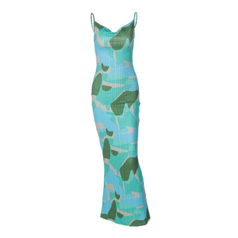 Rückenfreies Maxikleid mit Wasserfallausschnitt, V-Ausschnitt und Kontrastdruck