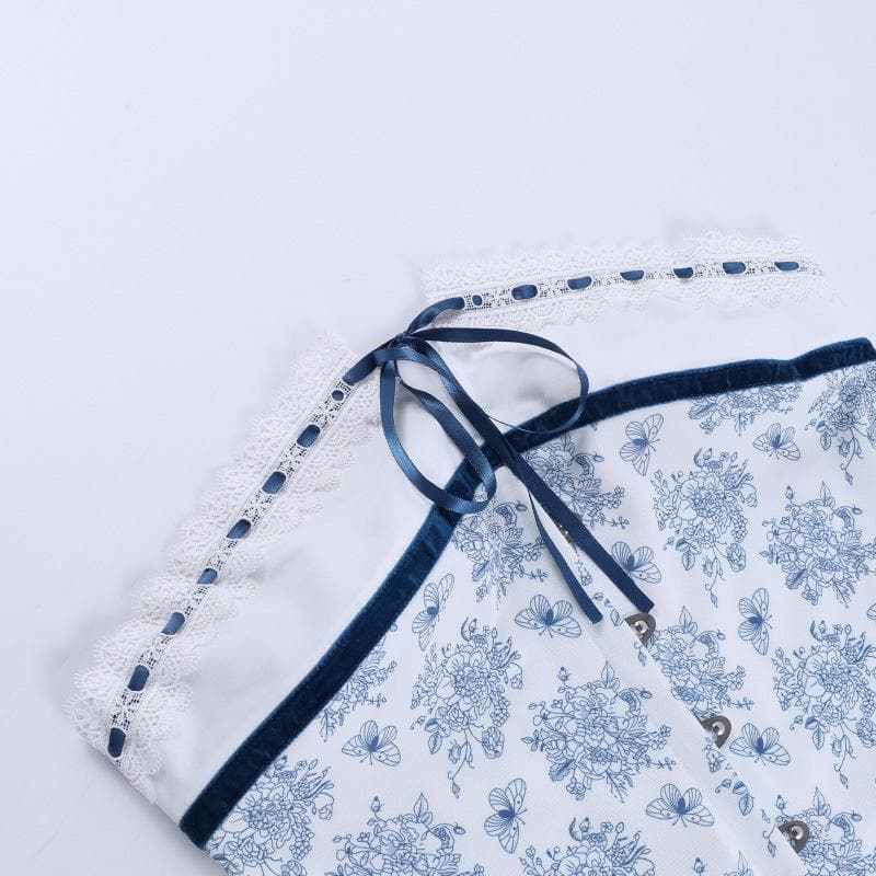 Backless lace hem button flower print stitch tube top