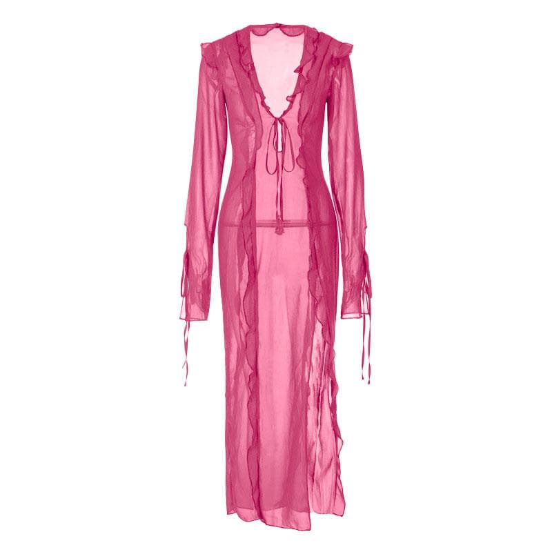 Durchsichtiges, langärmliges Maxikleid aus Chiffon mit V-Ausschnitt und Schlitz zum Selbstbinden