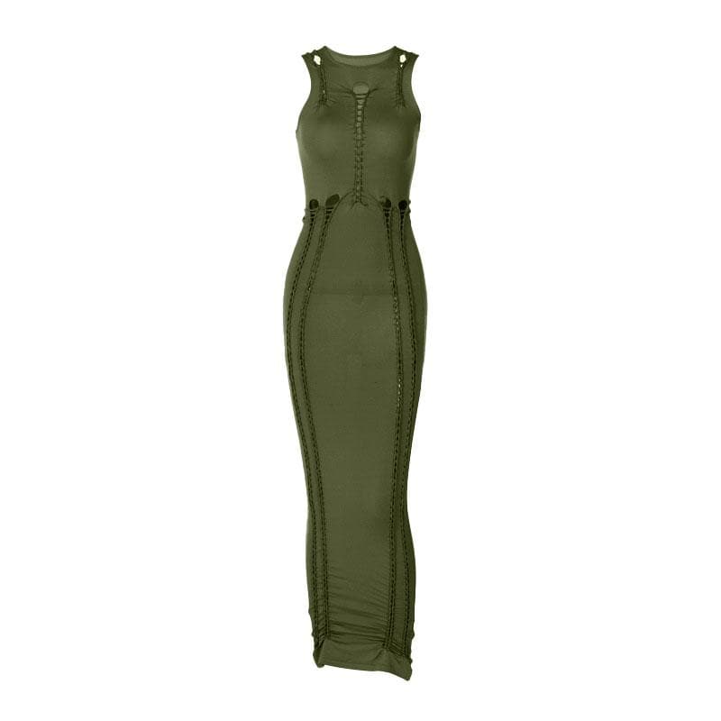Crewneck sleeveless hollow out solid ruched maxi dress