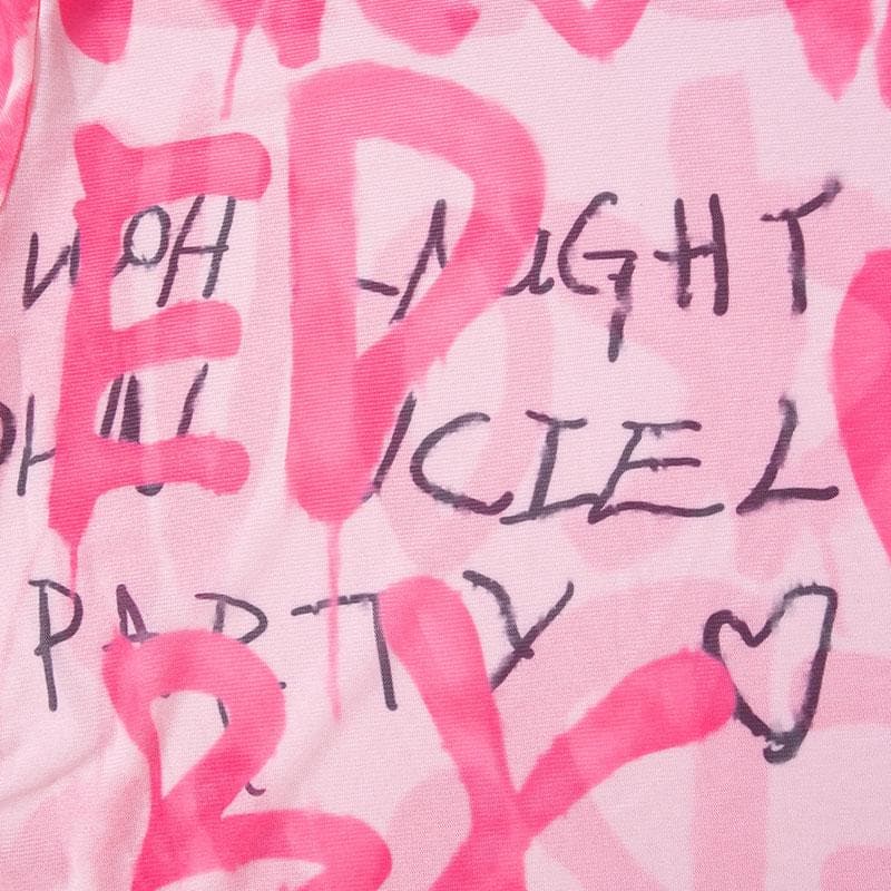 Short sleeve letter print contrast sheer mesh see through top