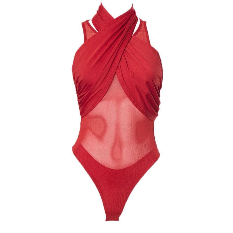 Ärmelloser, einfarbiger Neckholder-Bodysuit aus Netzstoff mit überkreuzter Vorderseite