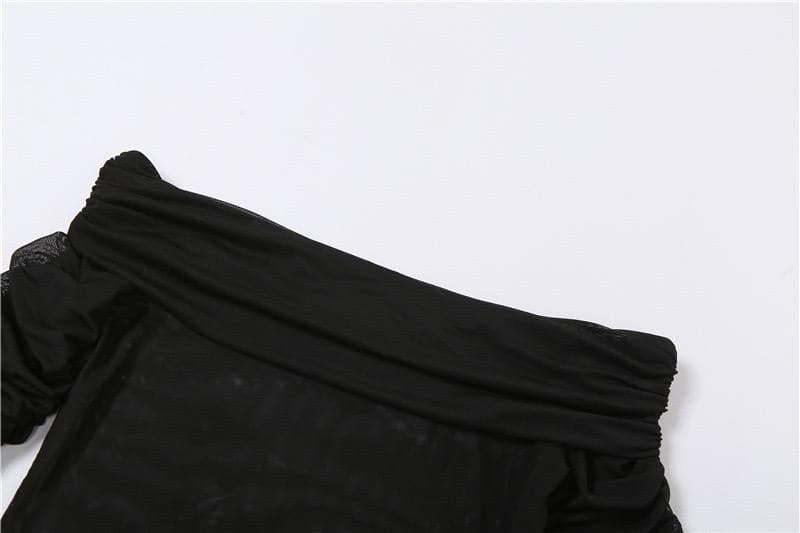 Sheer mesh see through long sleeve off shoulder ruched crop top