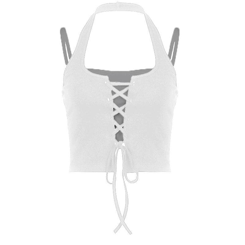 Top corto con schiena scoperta e lacci a patchwork a contrasto