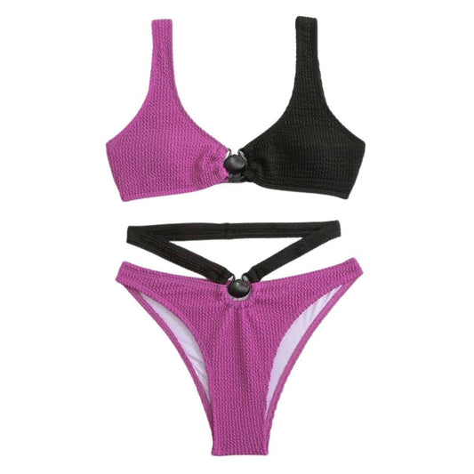 Ausgehöhlter, strukturierter und kontrastierender gepolsterter Einteiler-Badeanzug mit O-Ring