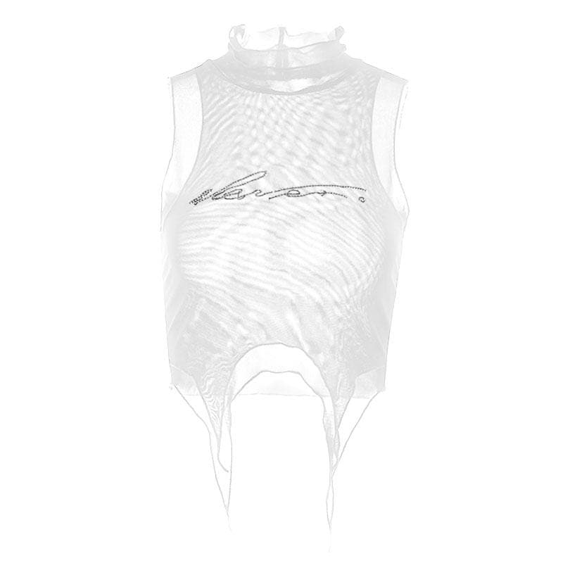 Sheer mesh see through beaded high neck crop top