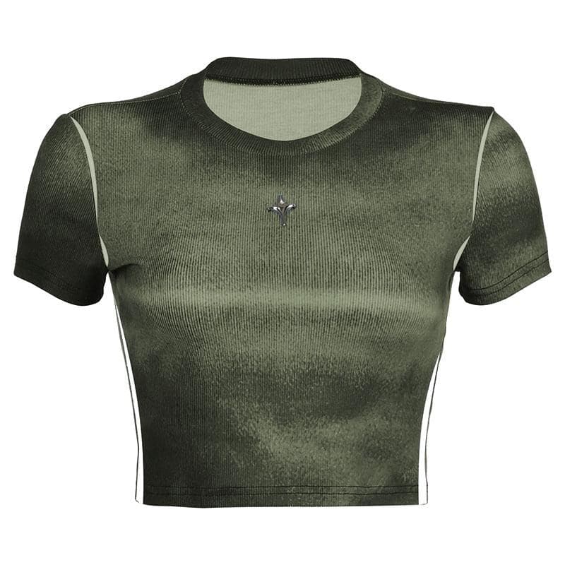 Kurzärmliges Crop-Top mit Rundhalsausschnitt und Batikmuster
