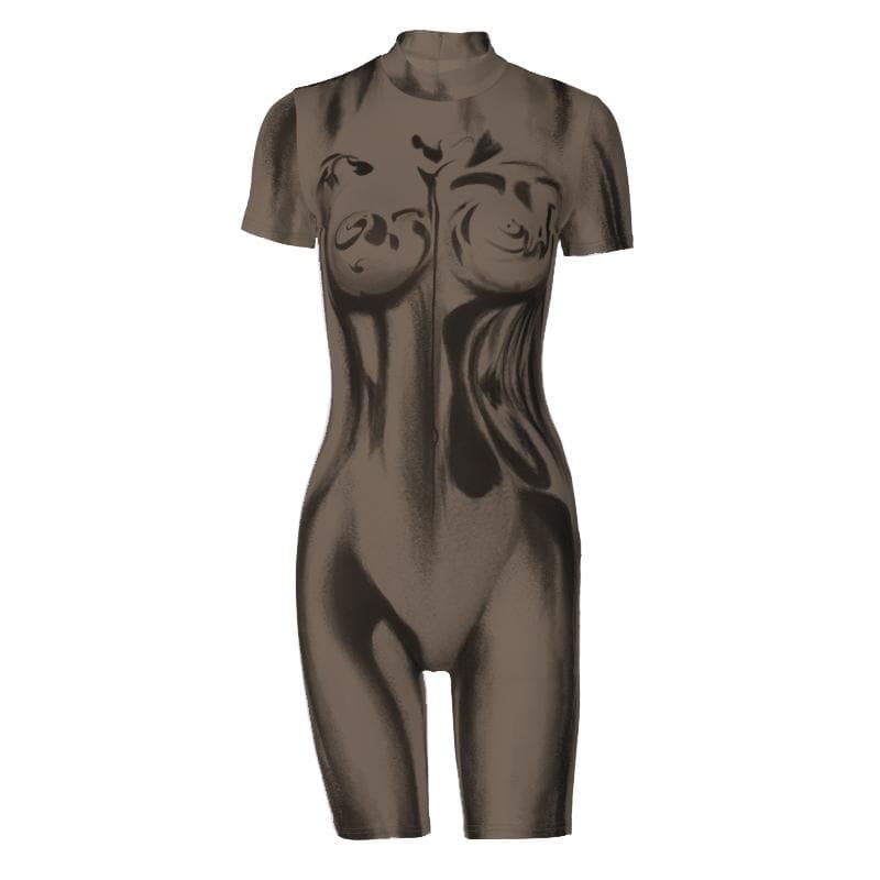 Contrast print high neck short sleeve zip-up romper