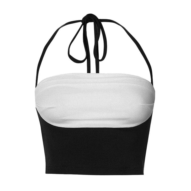Rückenfreies Crop-Top mit Patchwork-Neckholder und Kontrast-Zierband