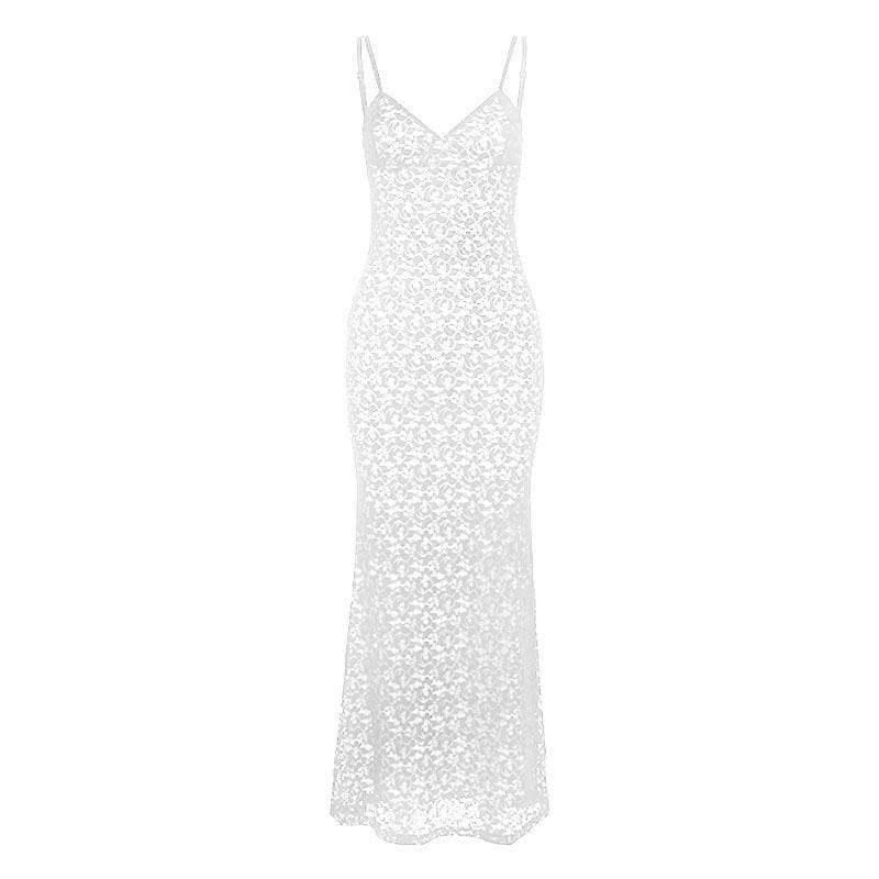 Rückenfreies, tief ausgeschnittenes Camisole-Maxikleid aus Spitze mit V-Ausschnitt