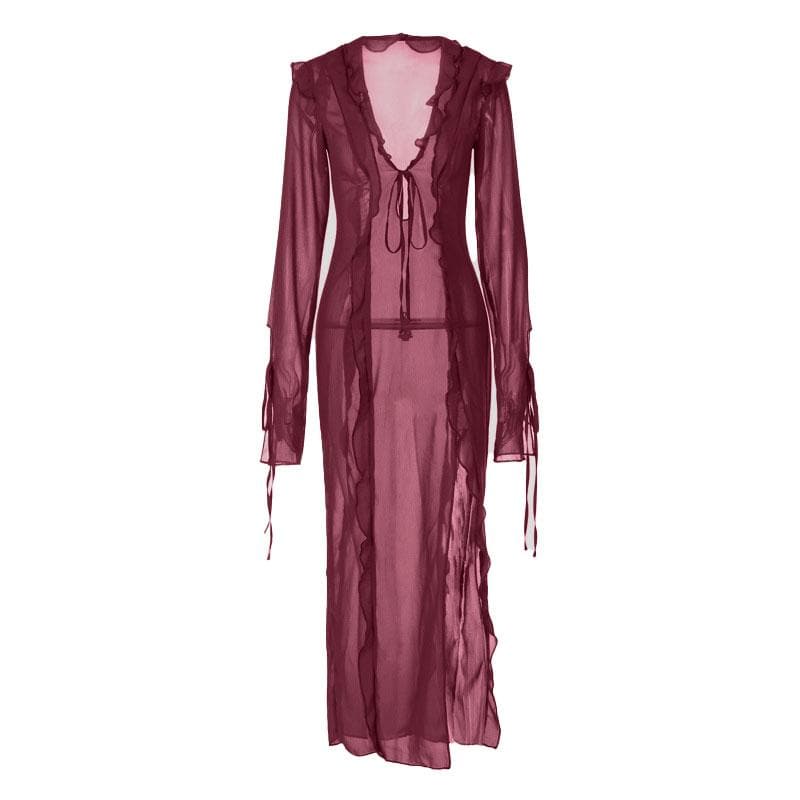 Durchsichtiges, langärmliges Maxikleid aus Chiffon mit V-Ausschnitt und Schlitz zum Selbstbinden