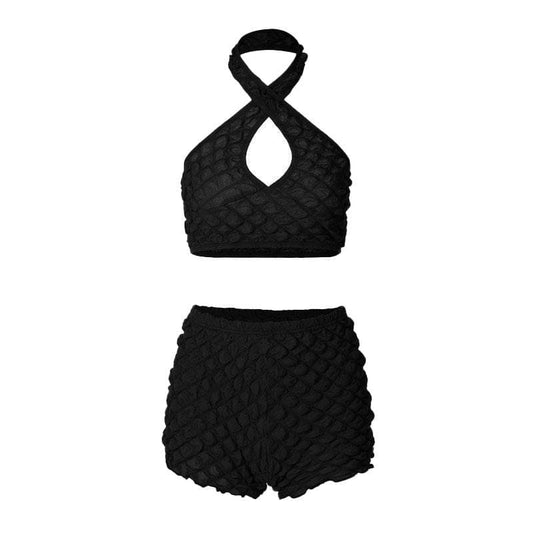 Neckholder-Hose mit überkreuzter Vorderseite, ausgehöhlter Rückenpartie, Waffelstruktur