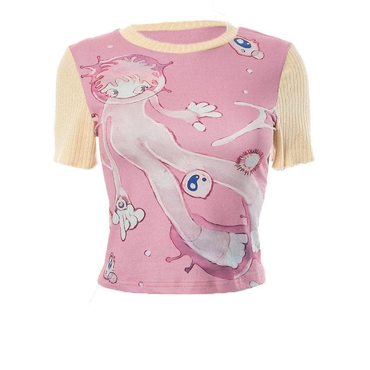 Top a maniche corte con scollo rotondo e patchwork a contrasto astratto