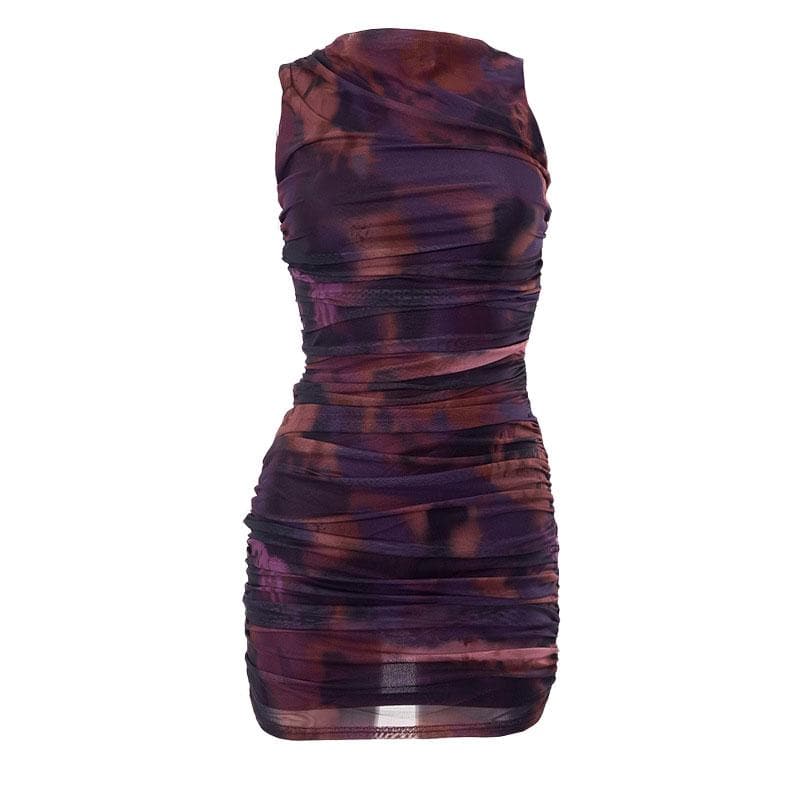 Ruched tie dye sleeveless crewneck mesh mini dress