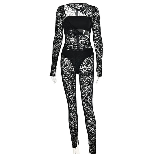 Einfarbiges Jumpsuit-Set mit langen Ärmeln und ausgehöhlten Schlauchhandschuhen und Reißverschluss aus Spitze