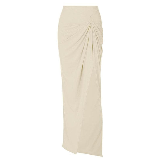 Ruched slit irregular solid ribbed maxi skirt
