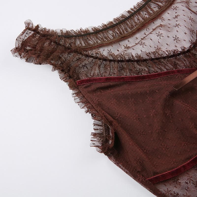 Top corto senza maniche in rete con volant patchwork
