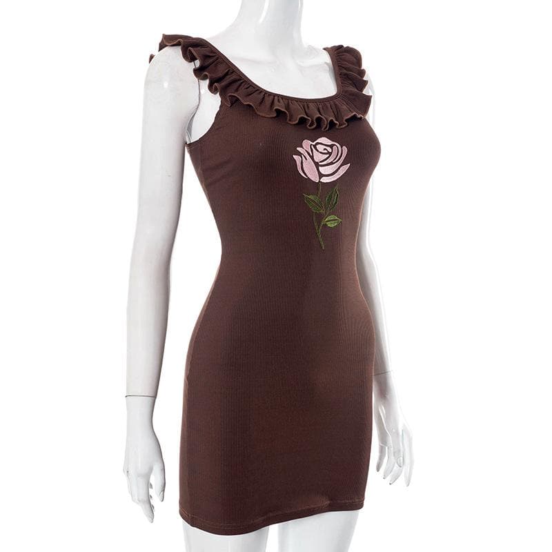Geripptes Minikleid mit Flügelärmeln und Blumenstickerei und Rüschen