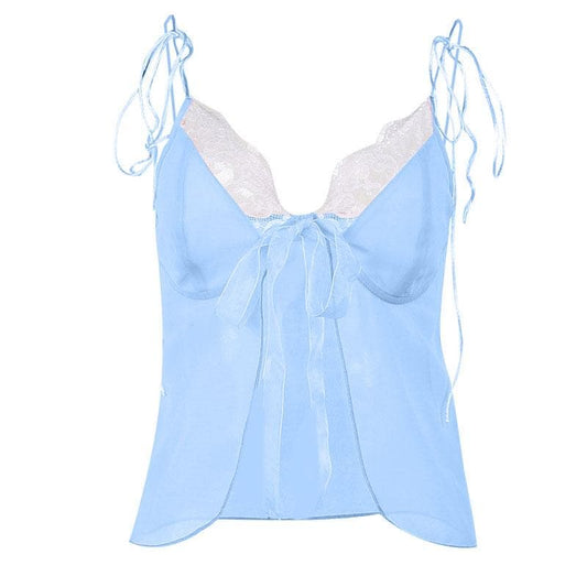 Lace hem backless chiffon self tie contrast crop top