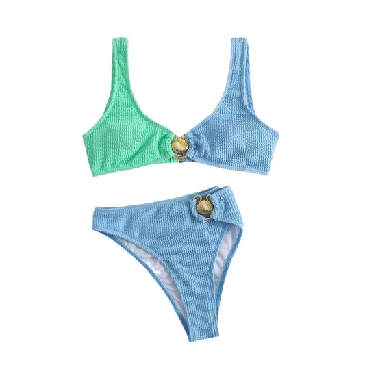 Costume da bagno bikini senza maniche con scollo a U e anello a O a contrasto testurizzato