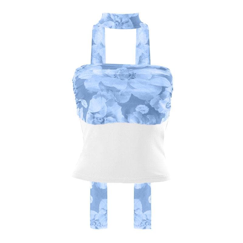 Top a tubino con schiena scoperta e arricciature a contrasto con stampa patchwork floreale