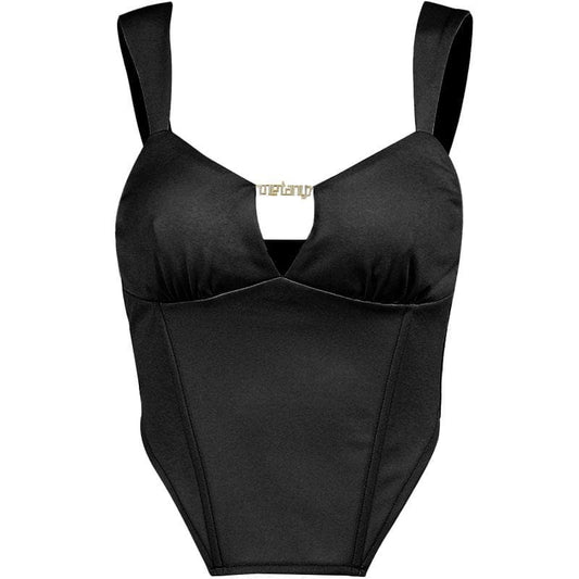 Sleeveless solid metal tag notch neck backless crop top