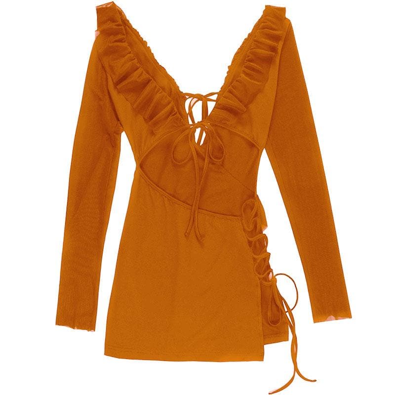 Langärmliges Minikleid mit Schnürung, ausgehöhltem, tiefem Ausschnitt und unregelmäßiger Schnürung