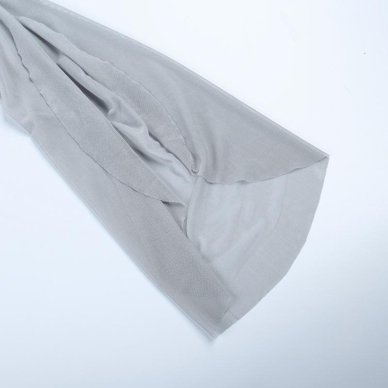 Top in rete trasparente con spacchi arricciati, maniche lunghe e perline