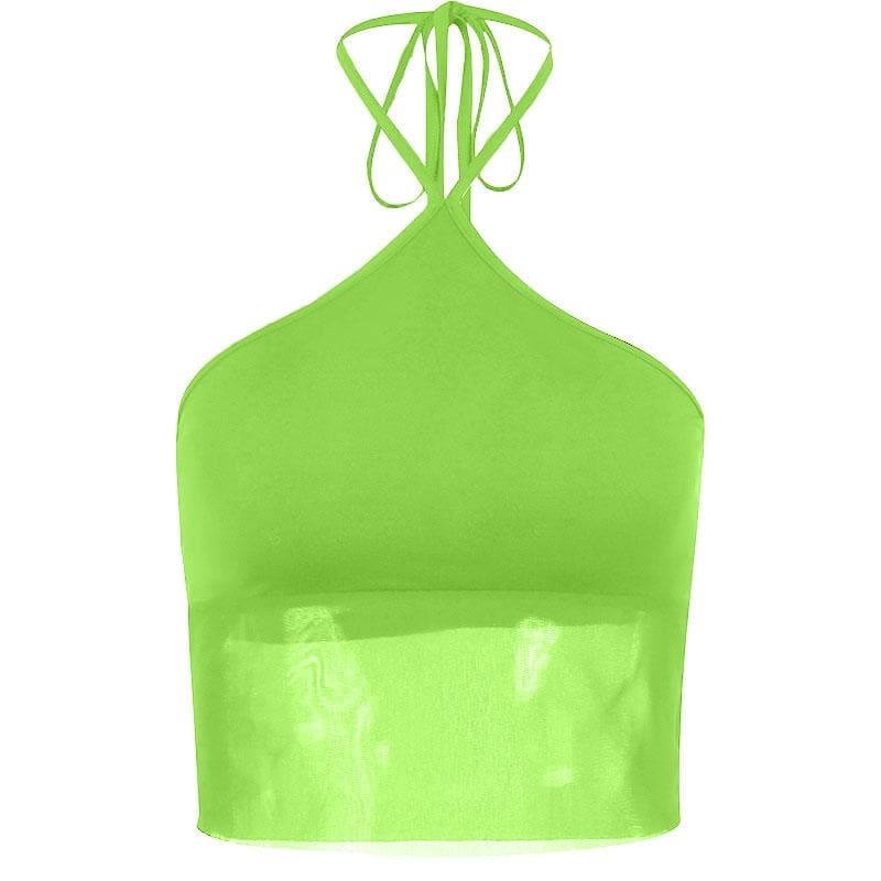 Solid halter mesh patchwork self tie backless crop top