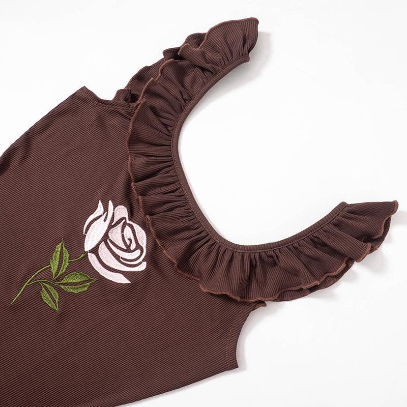 Geripptes Minikleid mit Flügelärmeln und Blumenstickerei und Rüschen