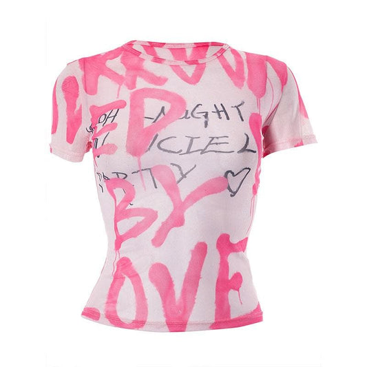 Short sleeve letter print contrast sheer mesh see through top
