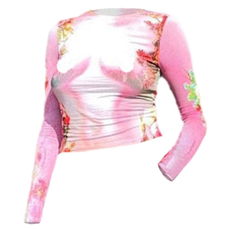 Top a maniche lunghe con stampa floreale a contrasto e scollo rotondo