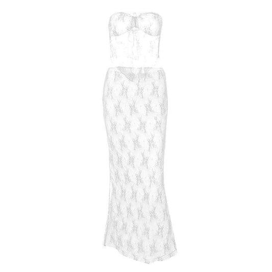 Lace contrast self tie backless tube maxi skirt set