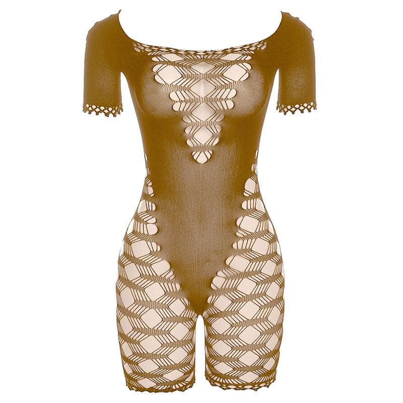 Durchsichtiger Netz-Strampler mit kurzen Ärmeln und Aussparungen