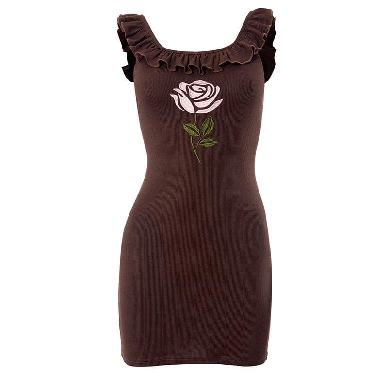 Geripptes Minikleid mit Flügelärmeln und Blumenstickerei und Rüschen