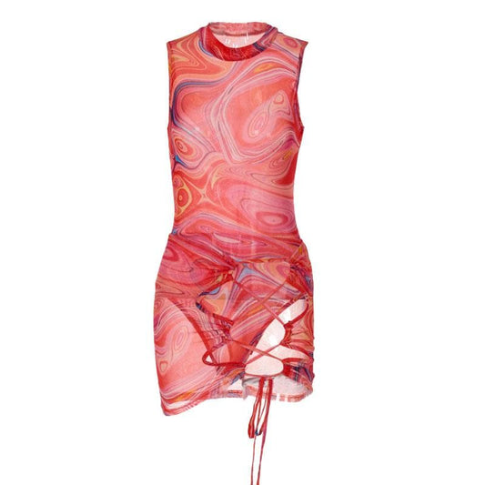 Sheer mesh see through ripple contrast lace up sleeveless bodysuit mini skirt set